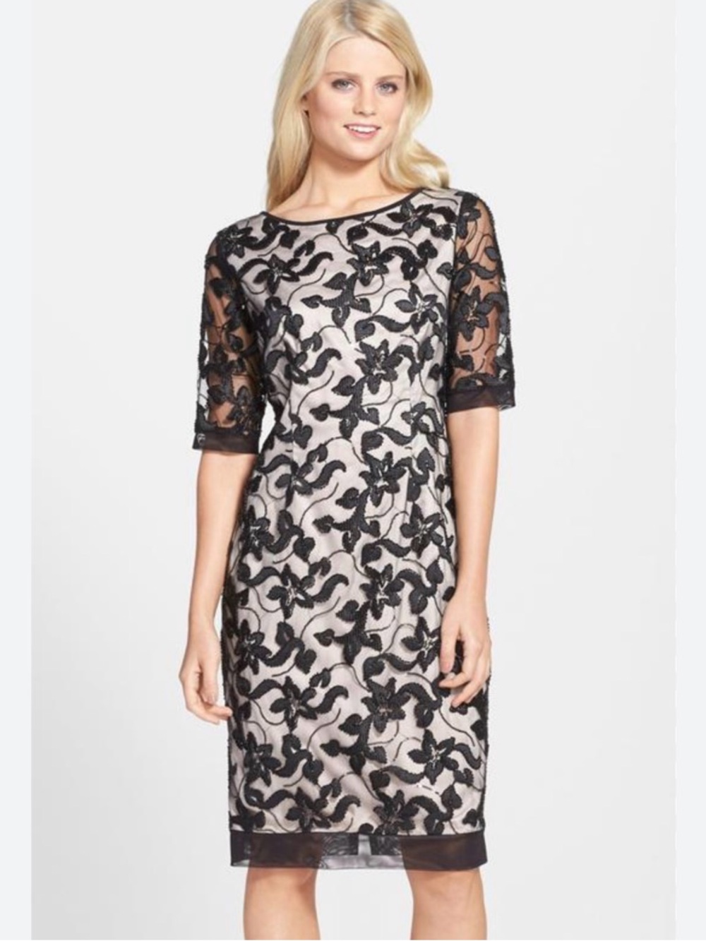 Eliza J Black Lace Overlay on Nude Midi Dress
